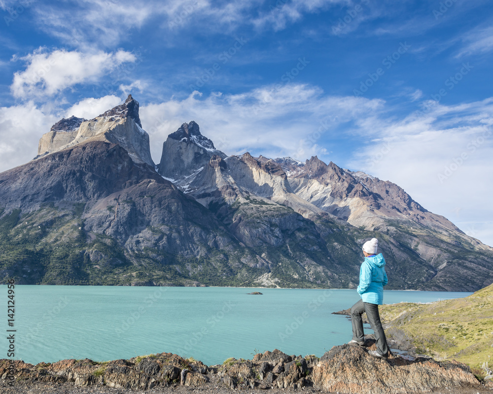 Women watching on the Los Cuernos in Torres del Paine National Park, Patagonia, Chile