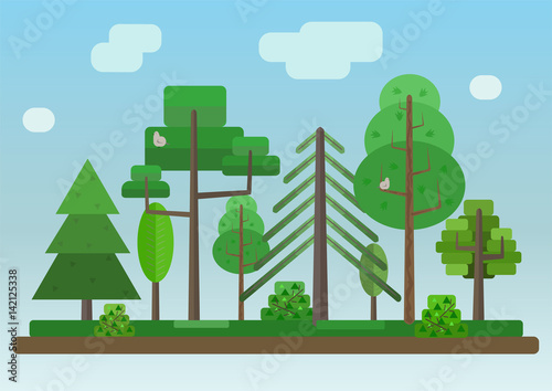 Flat Style Forest on Blue Sky Background