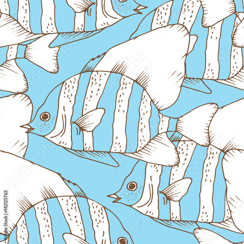 Vector seamless pattern with zebra fish, coral fish hand drawn colorful illustration. Sketch with striped boarfish, marine animal photo