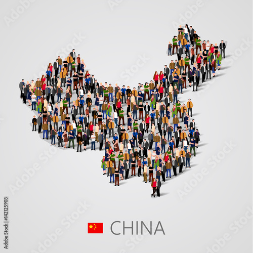Large group of people in China map form. Population of China or demographics template.