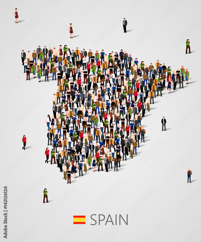 Large group of people in form of Spain map. Population of Spain or demographics template. Background for presentation. Large group of people in form of Spain map. Population of Spain or demographics template. Background for presentation.