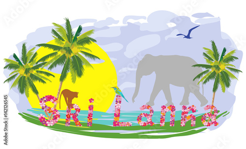 Sri Lanka tourism, vacation, sightseeing banner. Magnet, print for T-shirt, textile. Vector illustration. Picture for the booklet, advertising, souvenirs.