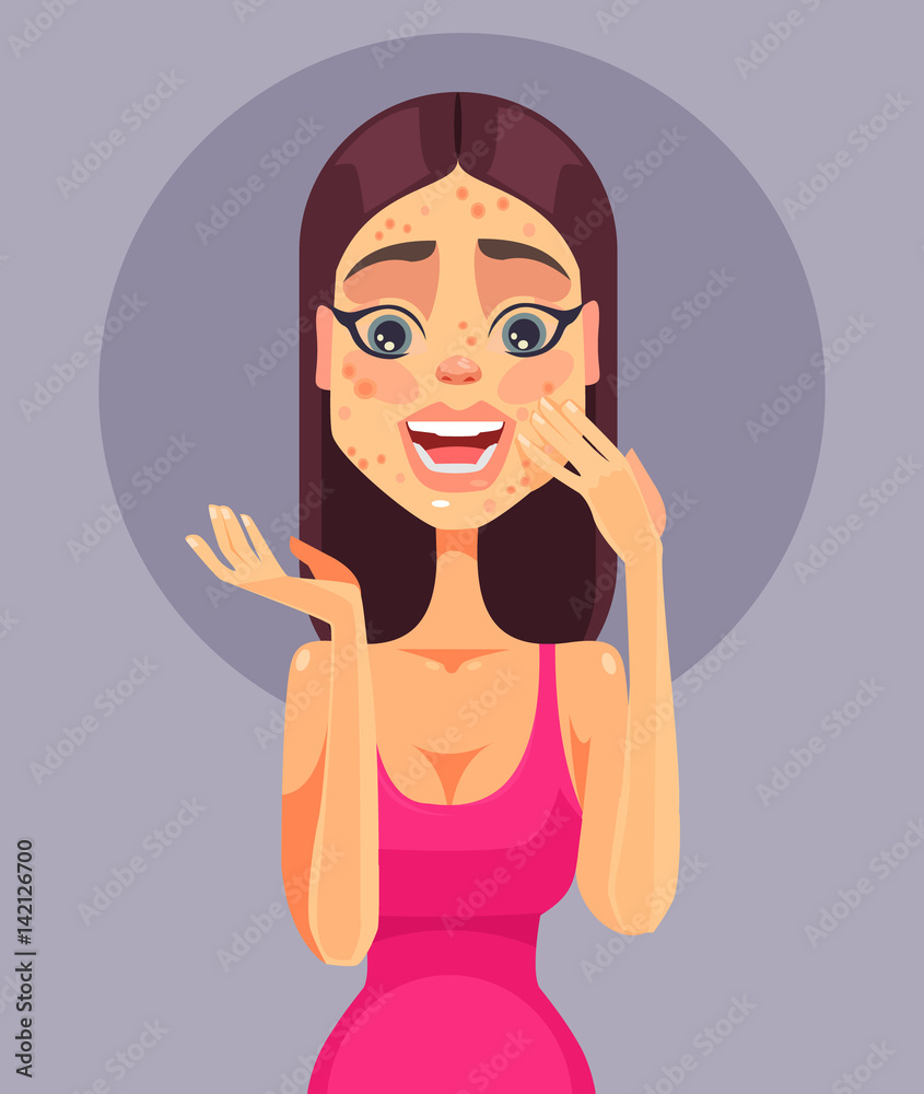 Sad shock women character have problem skin acne. Vector flat cartoon illustration