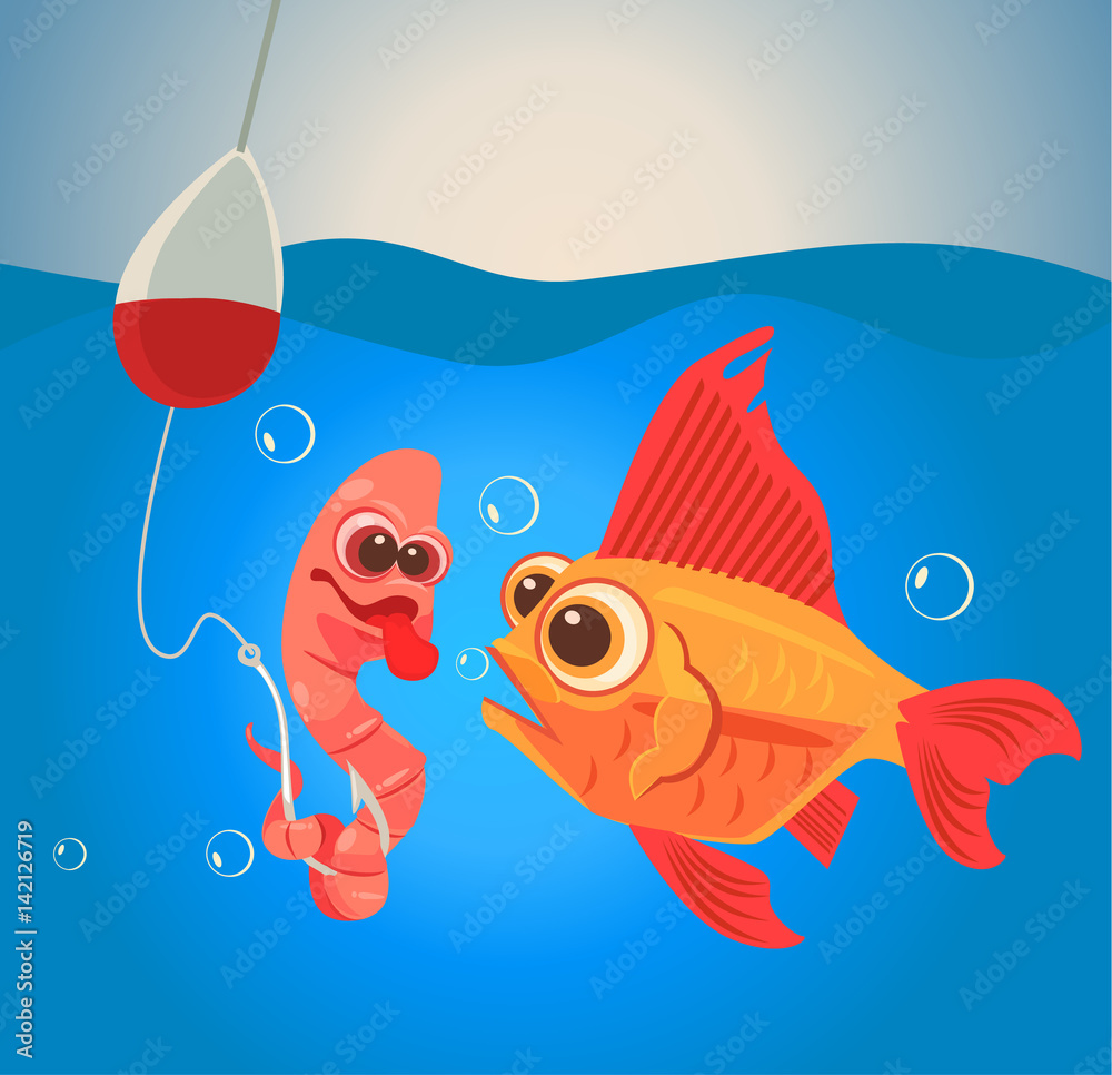 Fish and worm characters. Fishing. Vector flat cartoon illustration Stock  Vector