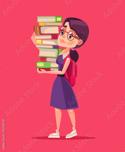 Smiling girl student character holds books. Vector flat cartoon illustration