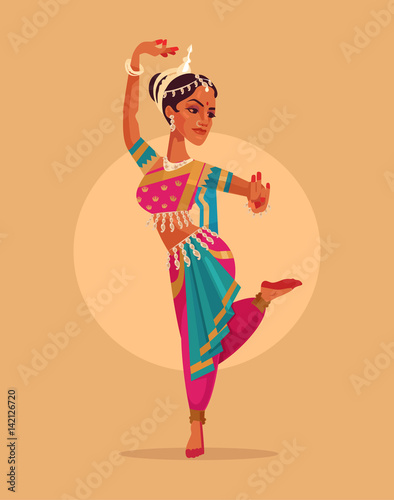 Indian happy woman character dances in traditional costume. Vector flat cartoon illustration