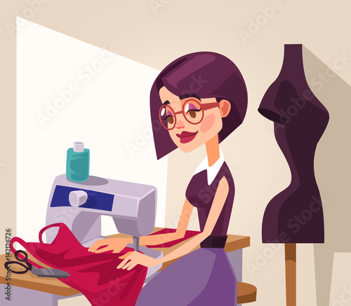 Smiling woman designer character sews clothes. Vector flat cartoon illustration