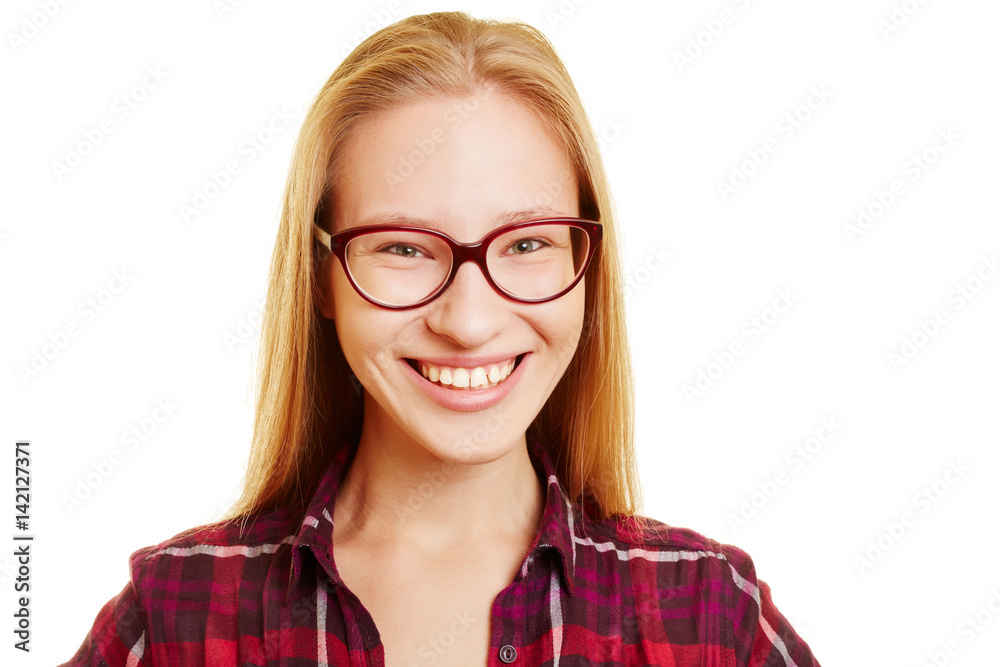Lächelnde blonde Frau mit Brille Lächelnde blonde Frau mit Brille