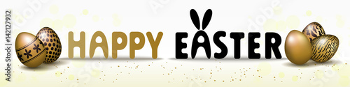 Happy Easter banner background template with beautiful realistic golden eggs. Vector illustration.