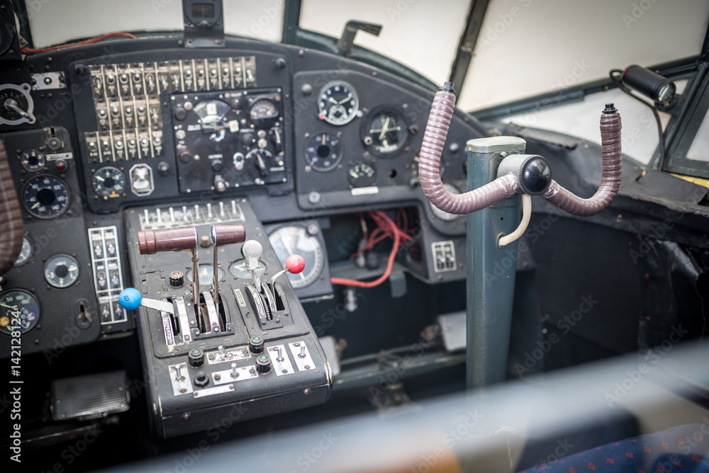 Aircraft cockpit. Control panel of an aircraft Aircraft cockpit. Control panel of an aircraft