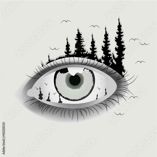 An eye that is condensed in the nature landscape, dark illustration