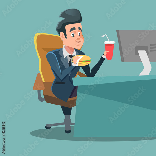 Businessman Cartoon Eating Fast Food at Office Work Place. Unhealthy Eating. Vector illustration