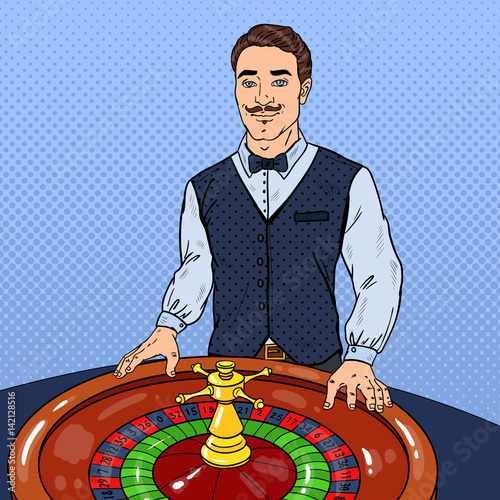 Croupier Behind Roulette. Casino Gambling. Pop Art Vector illustration