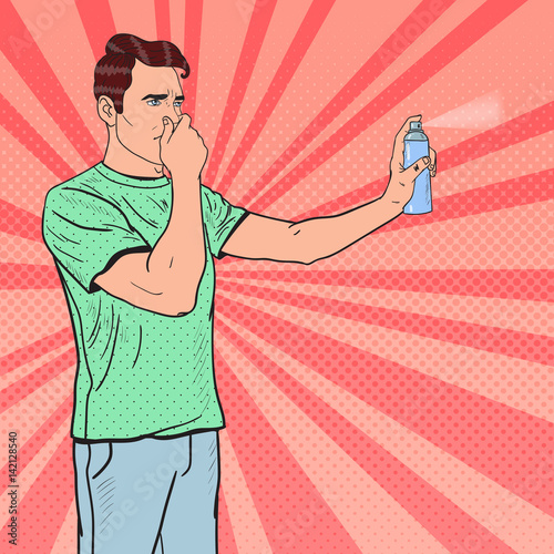 Pop Art Man Spraying Can of Air Freshener. Vector illustration