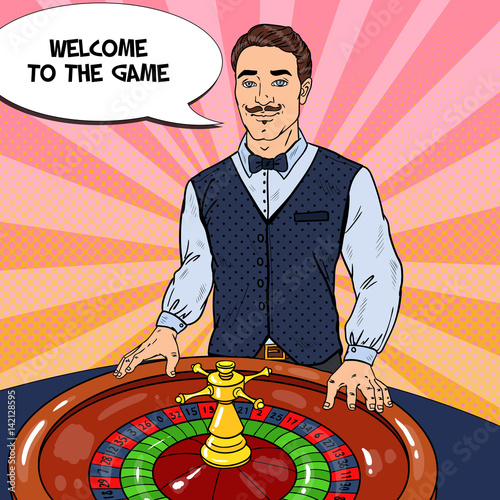 Croupier Behind Roulette Table. Casino Gambling. Pop Art Vector retro illustration