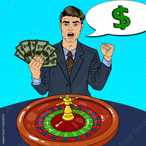 Happy Man Behind Roulette Table Celebrating Big Win. Casino Gambling. Pop Art Vector retro illustration