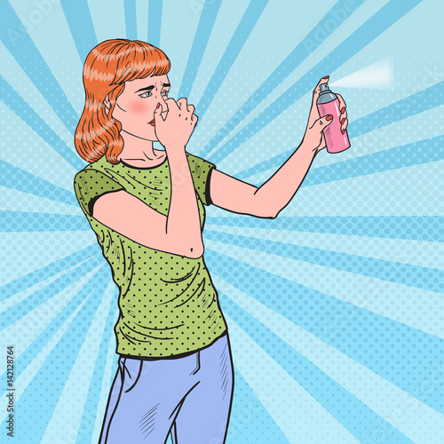 Pop Art Young Woman Spraying Can of Air Freshener. Vector illustration