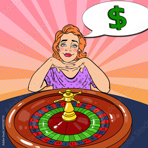 Woman Behind Roulette Table Dreaming About Big Win. Casino Gambling. Pop Art Vector retro illustration