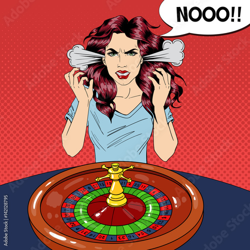 Hysteric Woman Behind Roulette Table. Casino Gambling. Pop Art Vector retro illustration