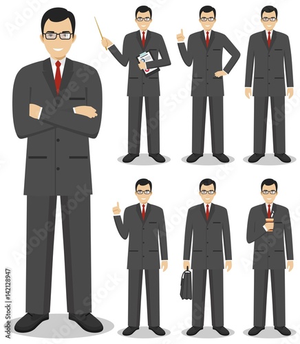Business concept. Detailed illustration of american european businessman standing in different positions in flat style isolated on white background. Vector illustration.