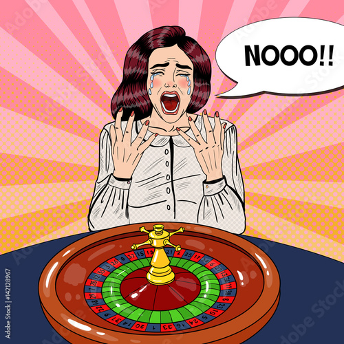 Crying Woman Behind Roulette Table. Casino Gambling. Pop Art Vector retro illustration