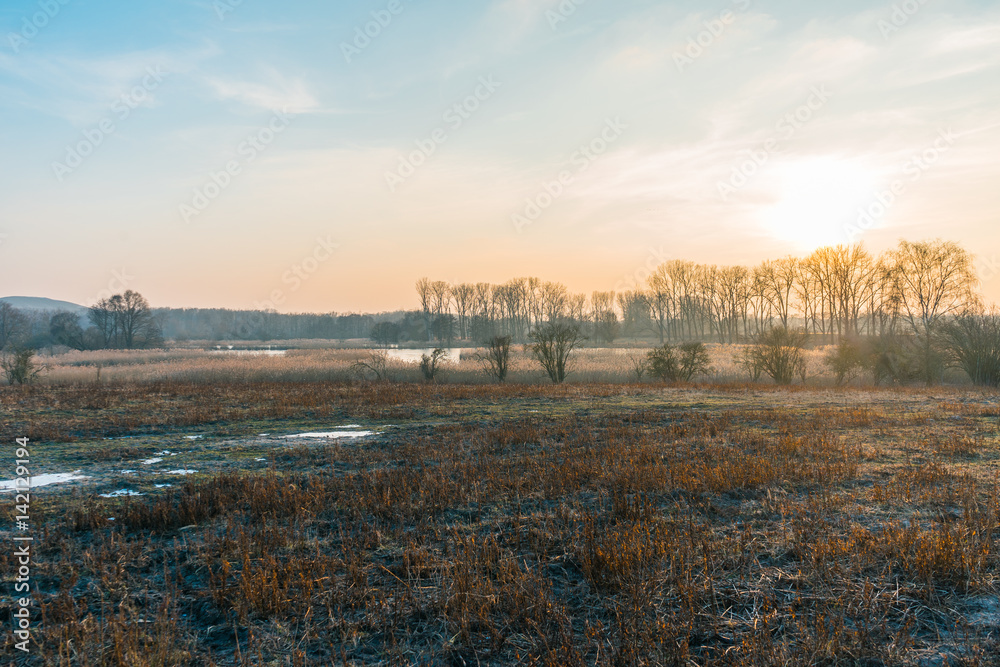 Early morning sunrise over frosty winter fields