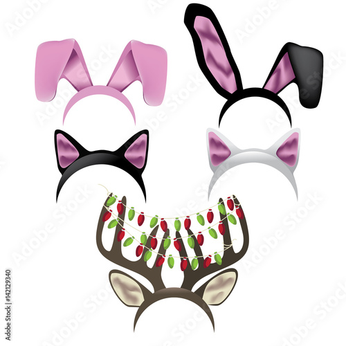 Fun photo booth prop satin cat bunny reindeer antler ear headbands for Christmas, Easter and Halloween costume parties and other celebrations. EPS 10 vector.