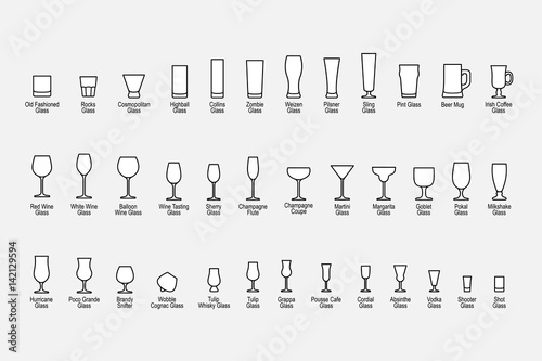 Types of glasses with names, line icons set. Vector illustration photo