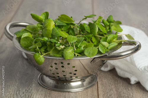 Colander filled with fresh watercress salad on wooden table