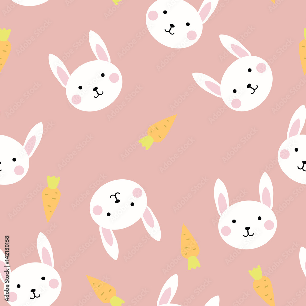 Seamless texture pattern bunnies and carrots on a color background, vector image Seamless texture pattern bunnies and carrots on a color background, vector image