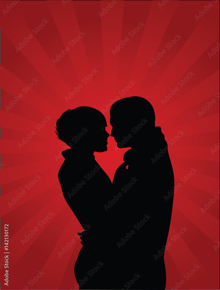 silhouette of a couple in love, man and woman, to embrace shining red background, vector image