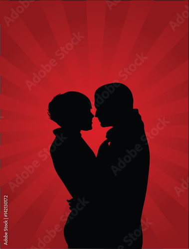silhouette of a couple in love, man and woman, to embrace shining red background, vector image