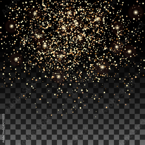 Vector gold glitter particles background effect for luxury greeting rich card. Sparkling texture.