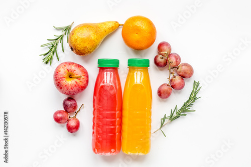 multifruit drink in plastic bottle on white background top view mock-up