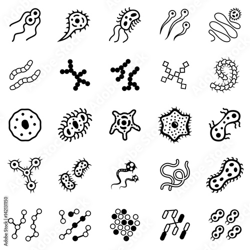 Set of bacteria virus and germ icons. Icons of harmful bacteria, fungus, microbe and other vermin. Vector illustration.