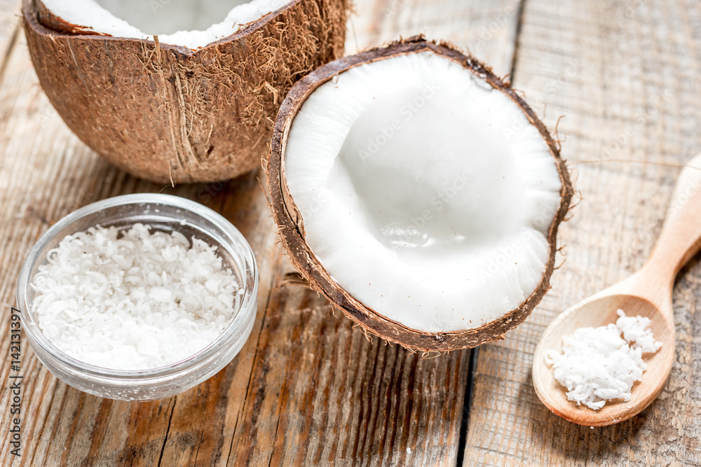 organic cosmetics concept with coconut on table background organic cosmetics concept with coconut on table background