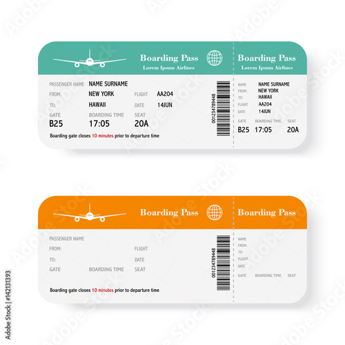Set of the airline boarding pass tickets with shadow. Isolated on white background. Vector illustration.