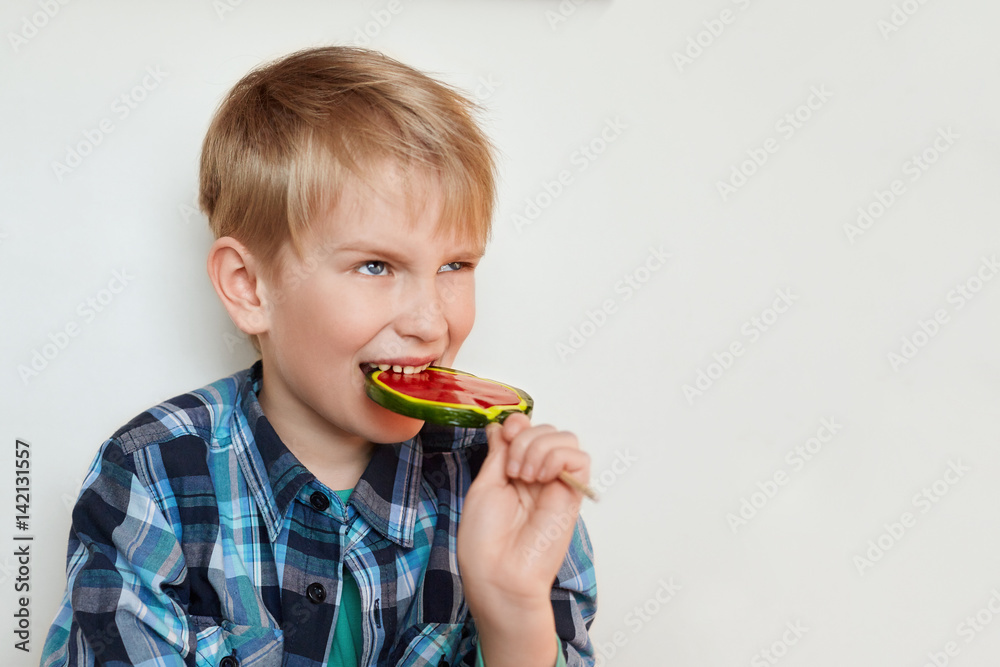 A portrait of emotional little kid with fair hair dressed in checked shirt biting sweet big colorful lollipop standing over white background. Lifestyle and people concept. A portrait of emotional little kid with fair hair dressed in checked shirt biting sweet big colorful lollipop standing over white background. Lifestyle and people concept.