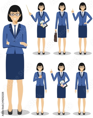 Business concept. Detailed illustration of american european businesswoman standing in different positions in flat style isolated on white background. Vector illustration.