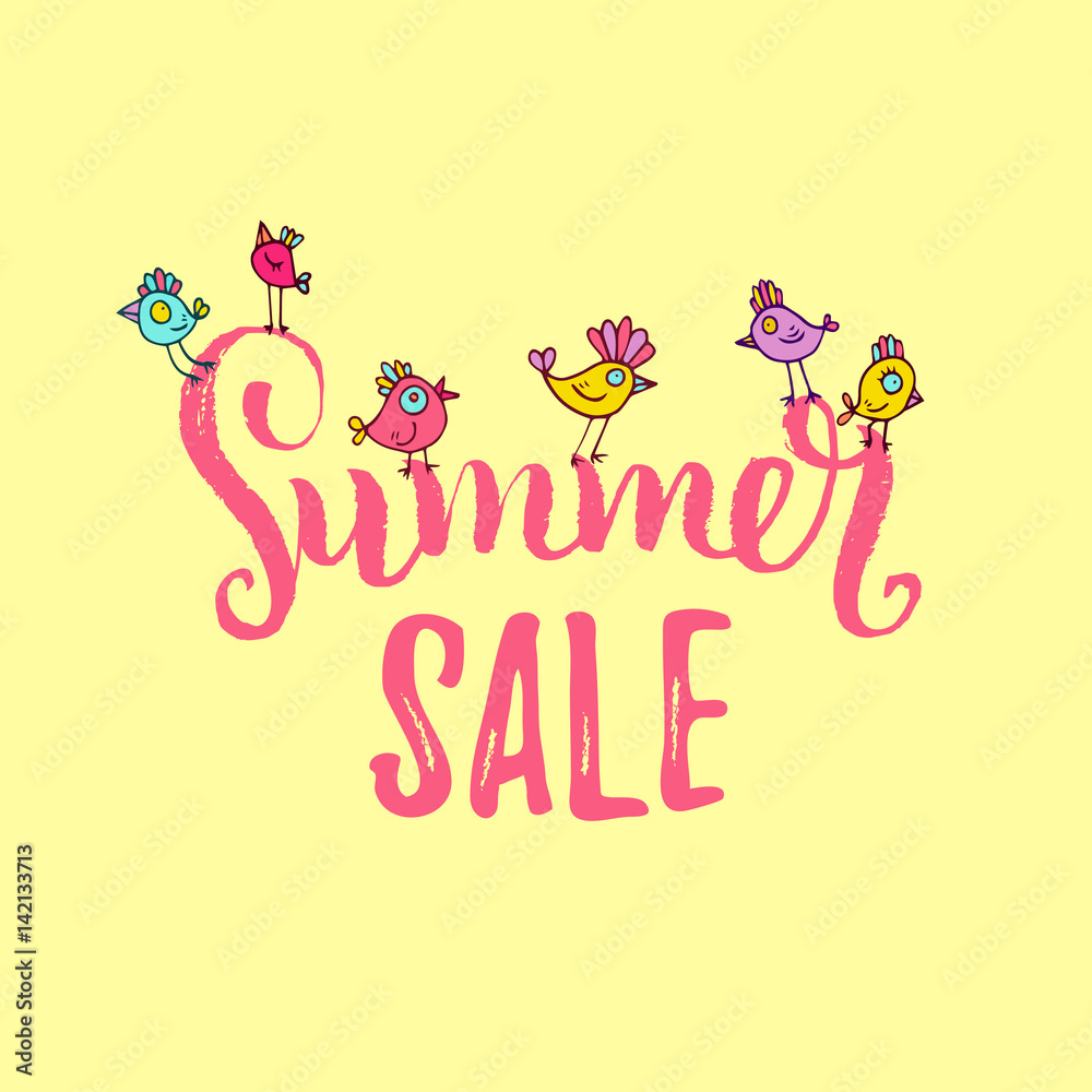 Summer sale vector background. Season discount with cute birds illustration. Special offer hand lettering banner. Summer sale vector background. Season discount with cute birds illustration. Special offer hand lettering banner.