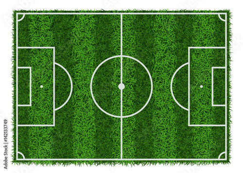 Top view of green grass striped soccer field, vector illustration.
