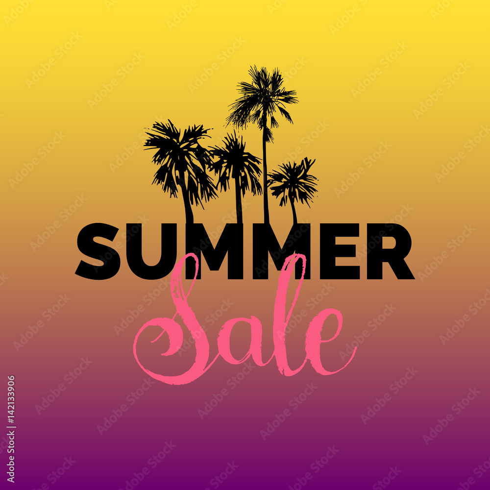Summer sale lettering vector background. Season discount illustration. Special offer poster with hand drawn palms.