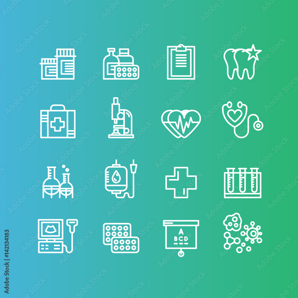 Vector Icon Style Illustration Set of Medical and Healthcare Research Items, Insurance, MRI, Scan, Check-Up Forms, Blood Testing. Isolated Objects for Medical Poster Vector Icon Style Illustration Set of Medical and Healthcare Research Items, Insurance, MRI, Scan, Check-Up Forms, Blood Testing. Isolated Objects for Medical Poster