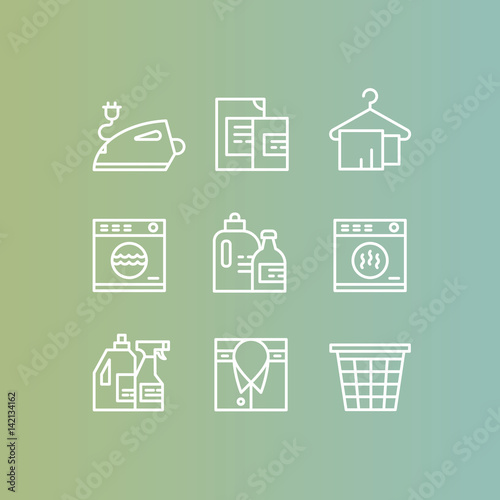 Vector Icon Style Illustration Logo Set Collection of Laundry Service, Washing and Cleaning Up Clothes, Dry Cleaning, Drying, Ironing and Household Care, Isolated Web Collection