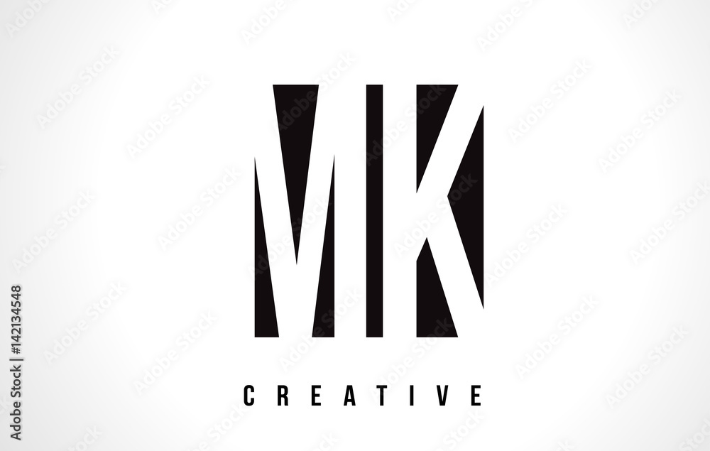 MK M K White Letter Logo Design with Black Square.