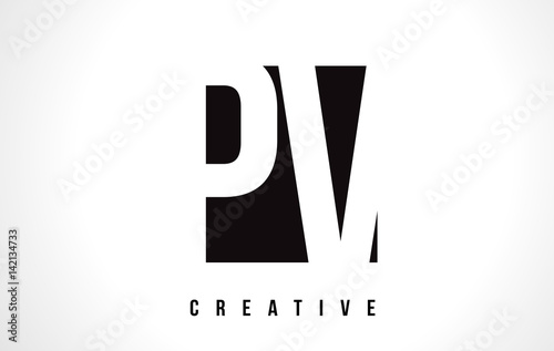 PV P V White Letter Logo Design with Black Square.