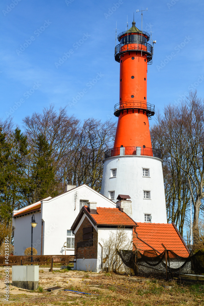 The lighthouse in the small village of Rozewie on the Polish seashore of the Baltic Sea. Poland. Europe.