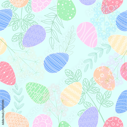Vector illustration. Seamless pattern. Easter eggs. Leaves and flowers. Card. Blue background.