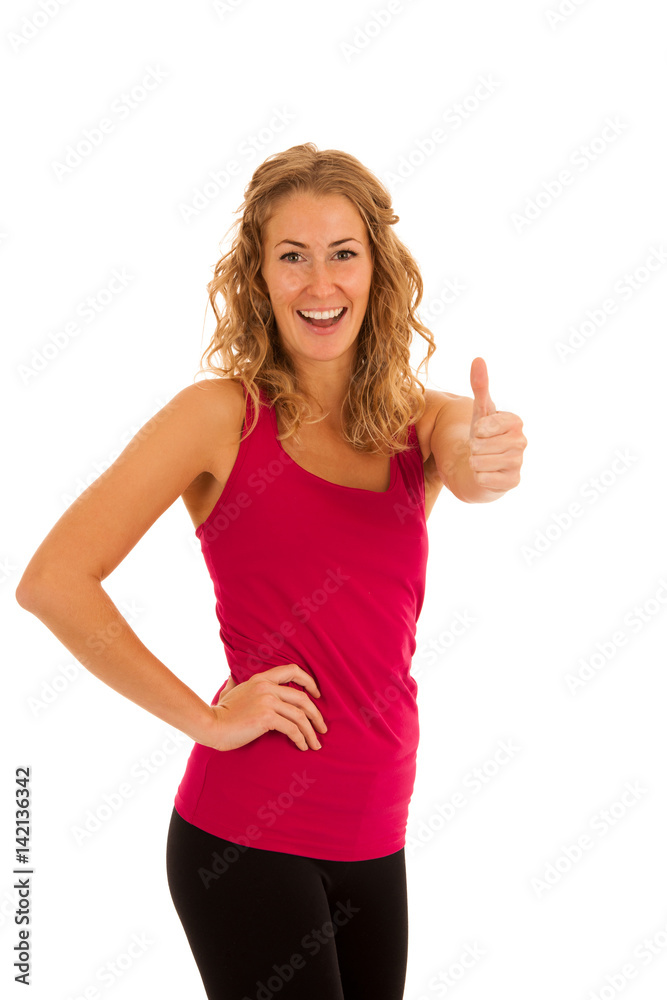 Cute young blond woman working out in fitness gym isolated over white background Cute young blond woman working out in fitness gym isolated over white background