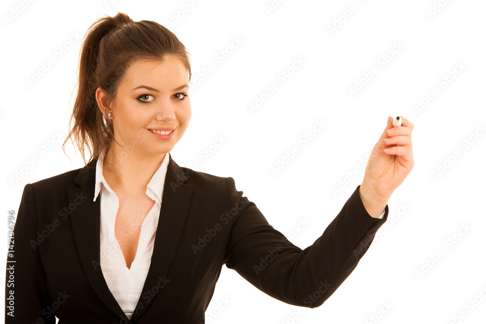 woman writing on transparent board isolated over white background woman writing on transparent board isolated over white background